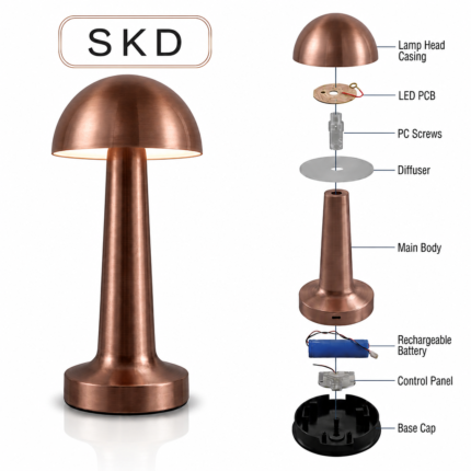SKD mushroom cordless table lamp modular assembly kit and exploded parts in rose gold