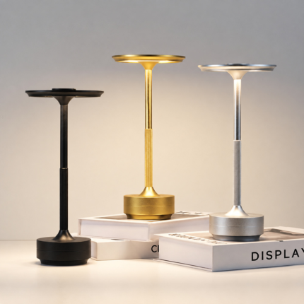 Luxury aluminum cordless table lamp with solid aluminum body on dining table