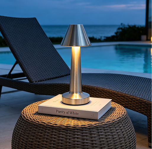 outdoor rechargeable cordless table lamp for hotel pool deck lounge