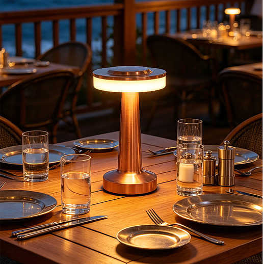 rechargeable cordless led table lamp on outdoor restaurant dining table