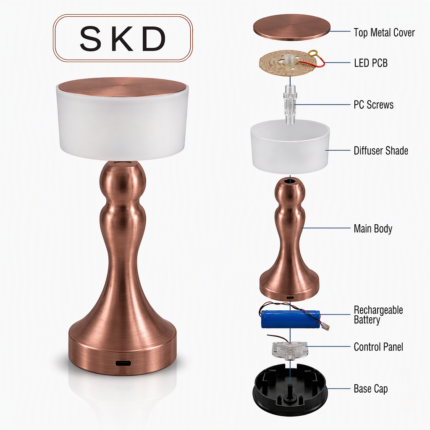 SKD cylinder cordless table lamp modular assembly kit and exploded parts in rose gold
