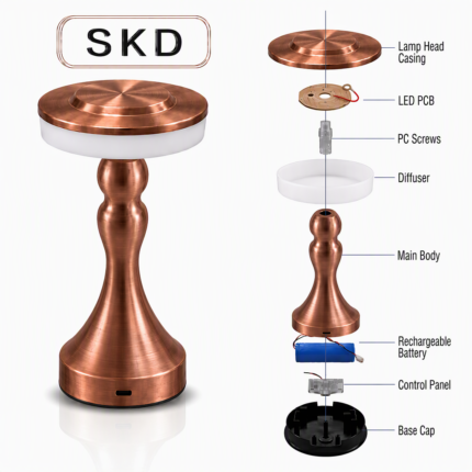 SKD saucer cordless table lamp modular assembly kit and exploded parts in rose gold