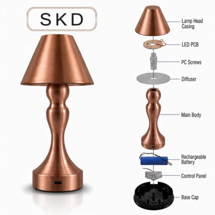 SKD cone cordless table lamp modular assembly kit and exploded parts in rose gold