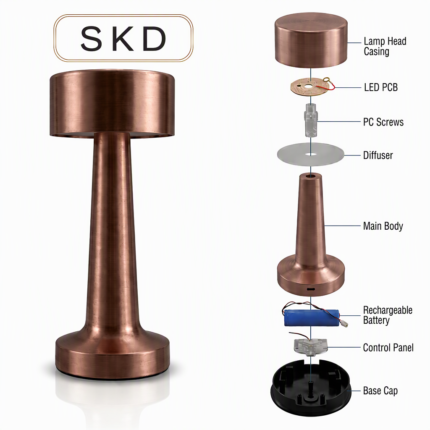 Exploded view diagram of cylindrical cordless LED desk lamp parts