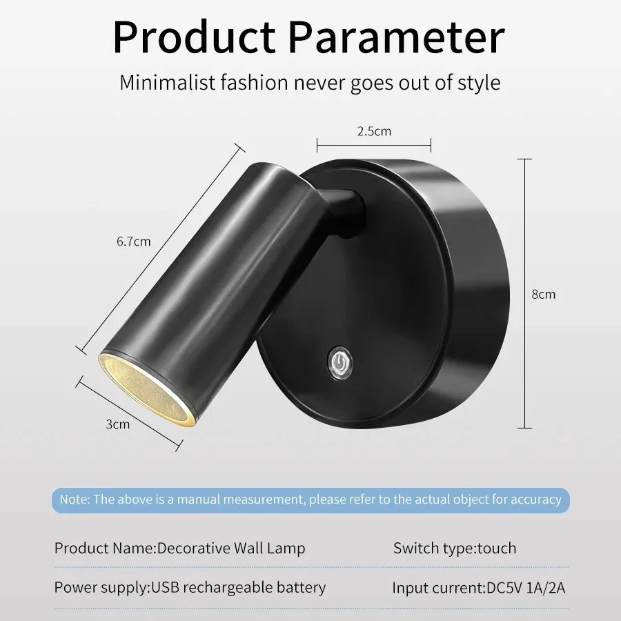 LED Light Magnetic USB Rechargeable Wall Light Spotlight Wireless No Punch Reading Light With Touch Switch Dimmable Bedside Lamp - Image 5