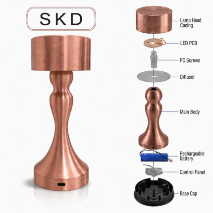 SKD cordless table lamp exploded component diagram and assembled rose gold modular kit