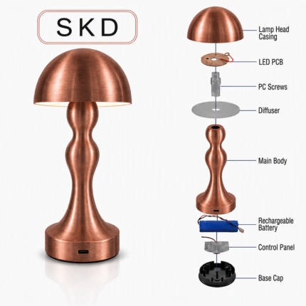 SKD mushroom cordless table lamp modular assembly kit and exploded parts in rose gold