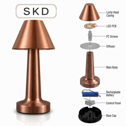 Exploded view diagram of conical cordless table lamp parts